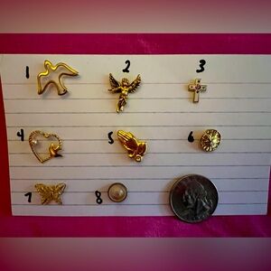 Christian pins - set of 8 little pins - dove, angel, floral cross, praying hands